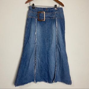 Carolina Blues Fringe Distressed Denim Jean Skirt With Slits 12